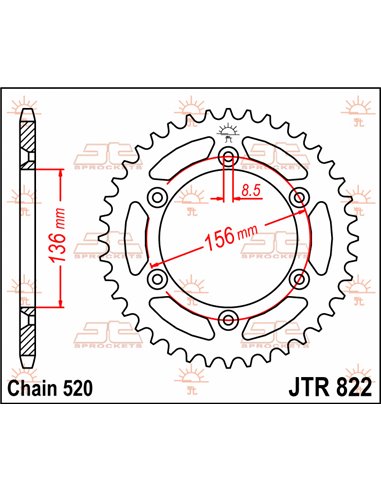 Couronne JTR822.44 44 dents 520 PITCH NATURAL C49 HIGH CARBON STEEL