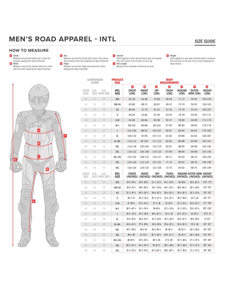 A photograph showing the correct size chart in inches for the Alpinestars  Hyper Drystar motorcycle jacket  Motorcycle Gear Hub